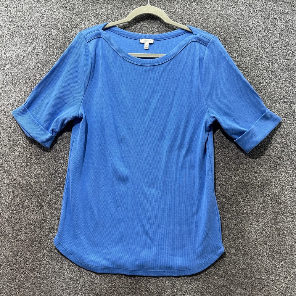 Talbots Blue Ribbed Knit Cuffed Short Sleeve T-Shirt Large Cotton Minimalist